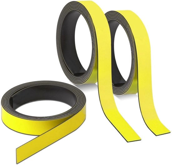 Tre Strisce Magnetiche Gialle | ca. 1 cm x 1 m Nastro Magnetico per segnalare e dividere su lavagne bianche, scaffalature, calendari | etichette magnetiche | mag239