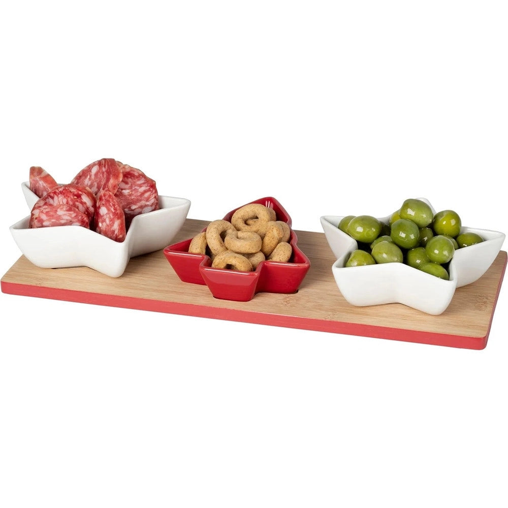 Trade Shop - Antipastiera 3 Posti Con Vassoio Base In Bamboo 33x12cm 3 Coppette In Ceramica Natalizie -