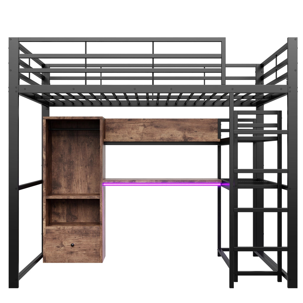 Letto a soppalco 140x200 cm in metallo e MDF con scrivania; LED e scala; nero