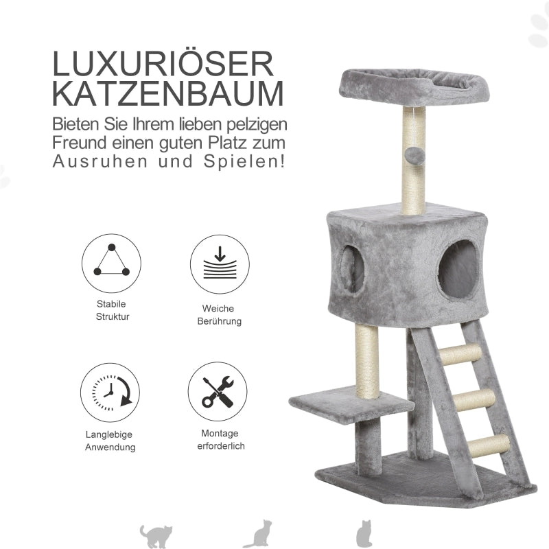 TIRAGRAFFI per gatti 120 cm con grotta, piattaforme e scala, grigio chiaro