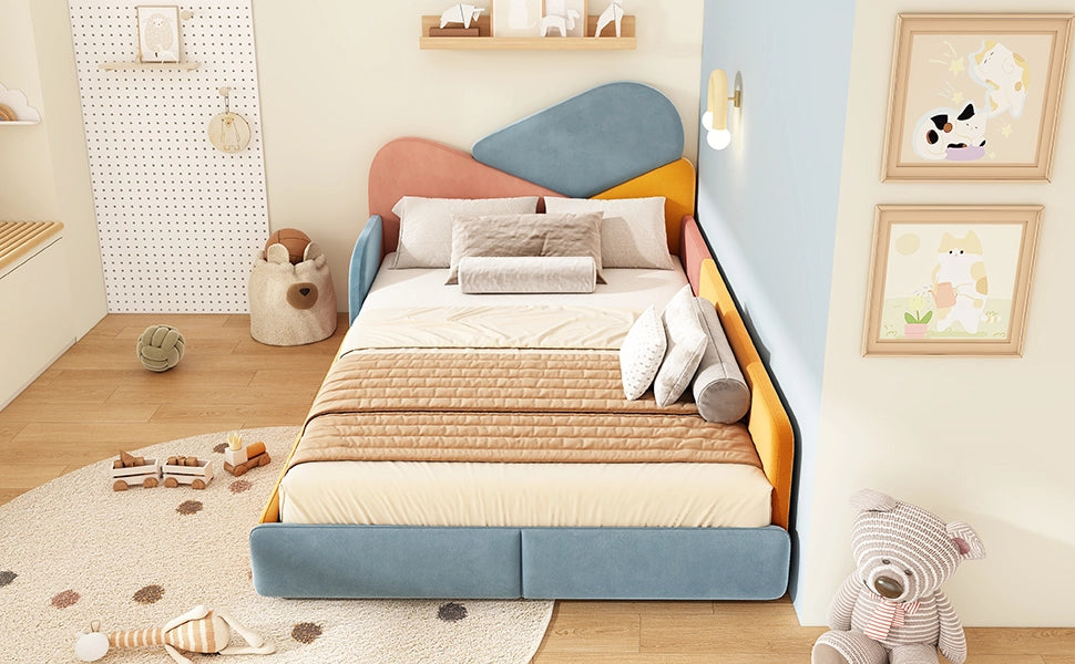 Letto per bambini 140 × 200 cm con protezione laterale rialzata, senza materasso, in velluto, blu multicolore