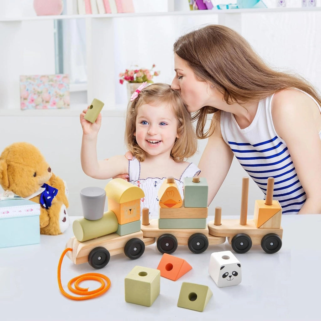 Trenino in Legno, Trenino Giocattolo a 3 Sezioni con Blocchi Impilabili, Corda di Traino, Design a Gancio, Trenino Giocattolo Educativo per Bambini 3 Anni+