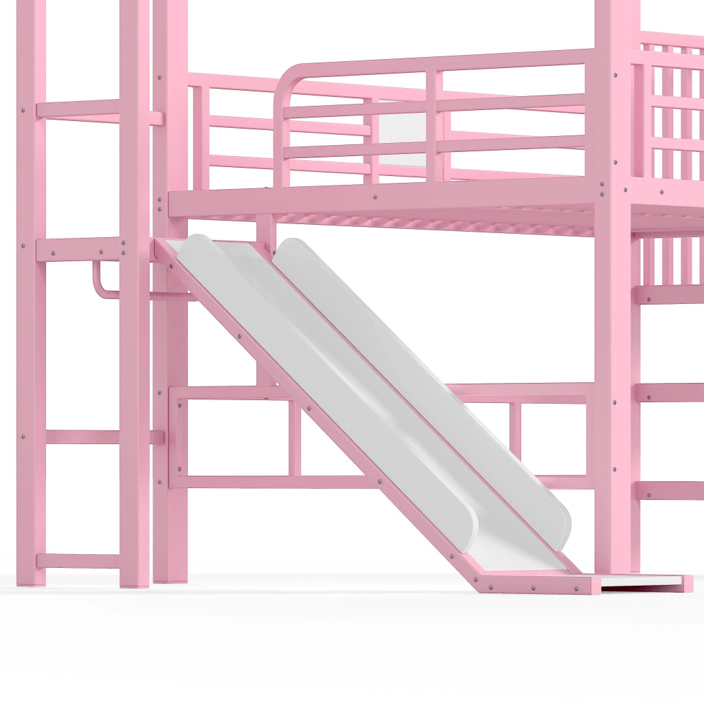Letto a soppalco per bambini a casetta rosa 140x200 cm con scivolo; LED e scaletta