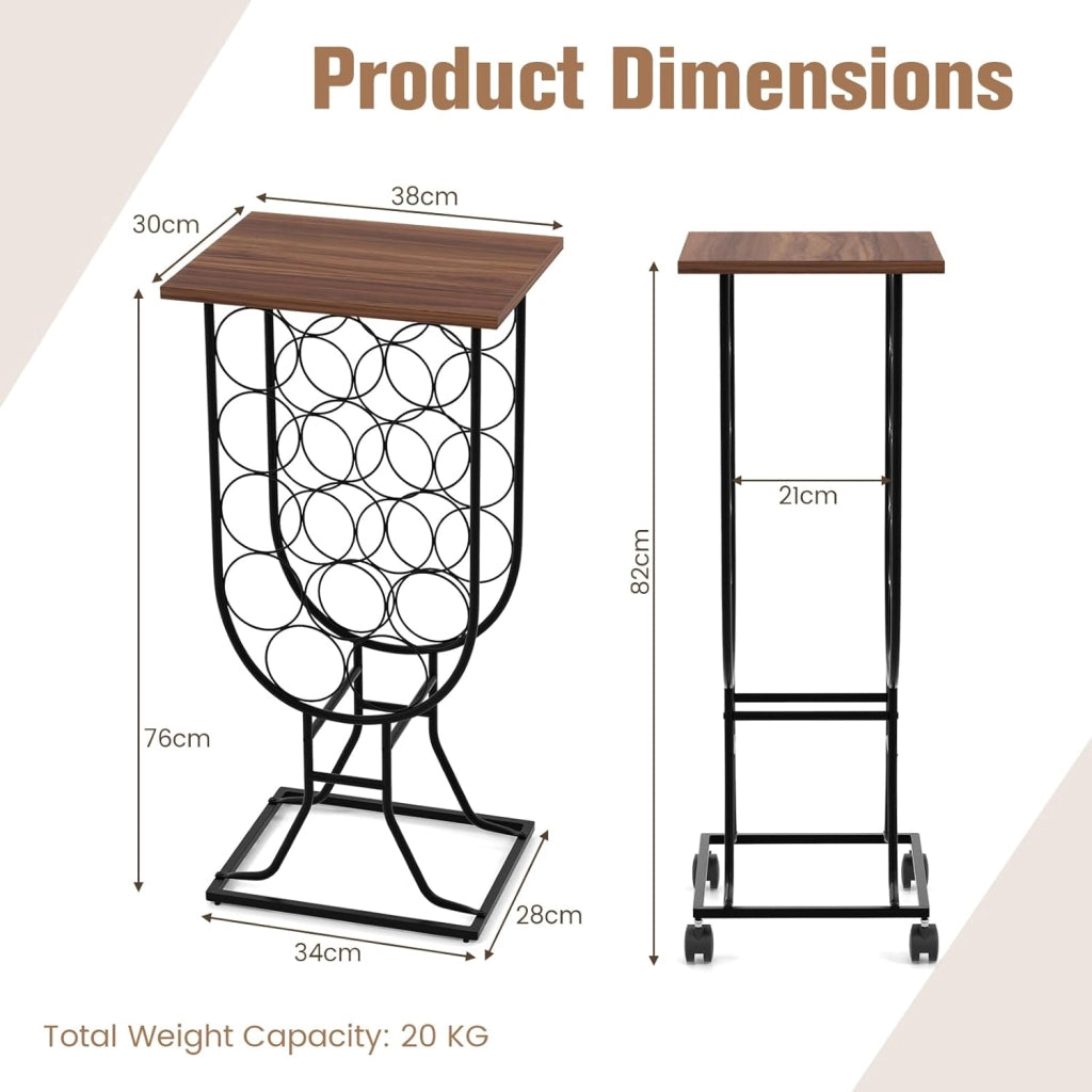 Portabottiglie per Vino per 14 Bottiglie con Ruote Bloccabili, Scaffale per Vino, Organizer per Bottiglie in Stile Rustico, per Bar, Cucina, Sala da Pranzo, 38 x 30 x 76 cm