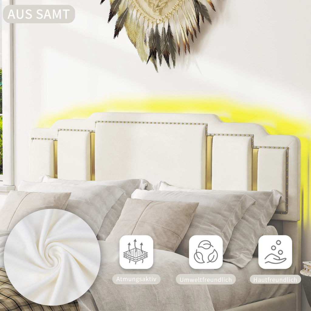 Letto matrimoniale 140x200 cm imbottito beige in velluto con cassetti e dettagli dorati