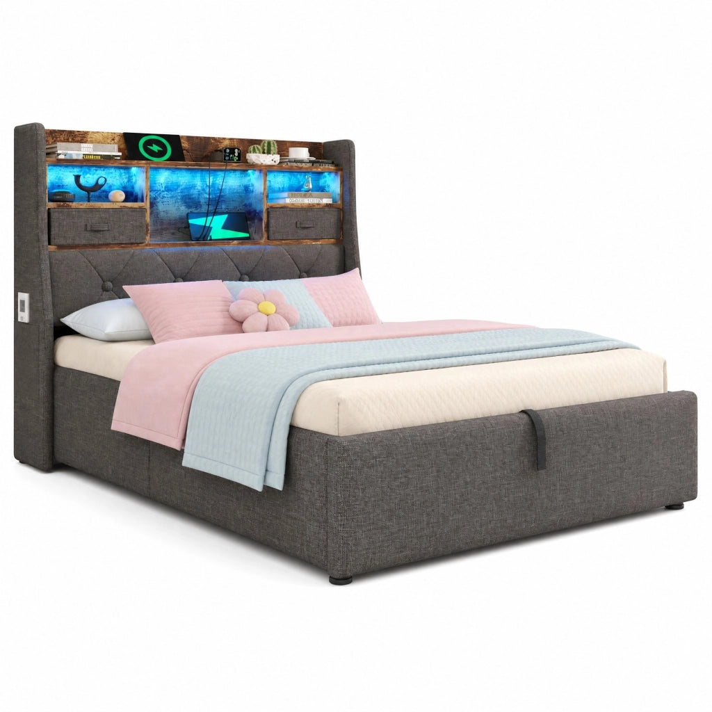 Letto singolo 90x200 cm con contenitore idraulico, LED e prese USB/Type-C, grigio