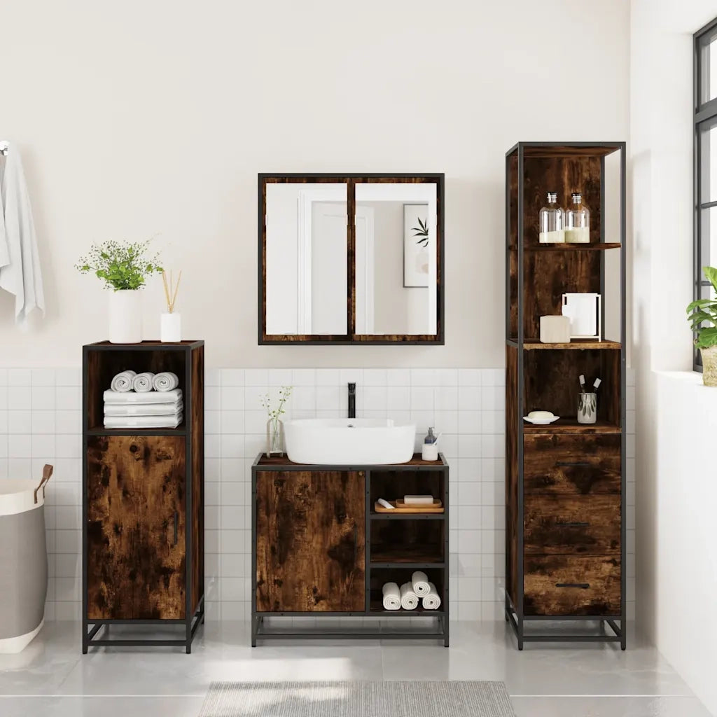Set Mobili da Bagno 3 pz Rovere Fumo in Legno Multistrato 3301147