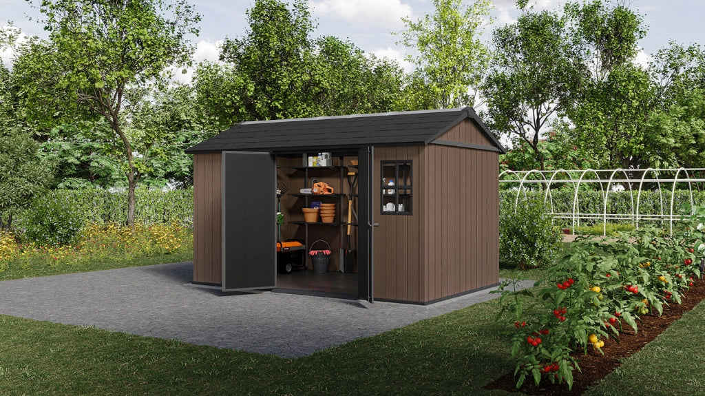 Casetta Box da Giardino 230x413x246 cm Newton Plus 7513/1375 Doppia Opzione Montaggio in Resina Evotech+ Marrone