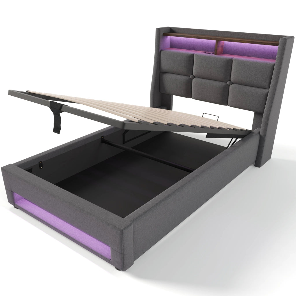 Letti contenitori 90x200 cm con LED e USB; lino grigio (Senza materasso)