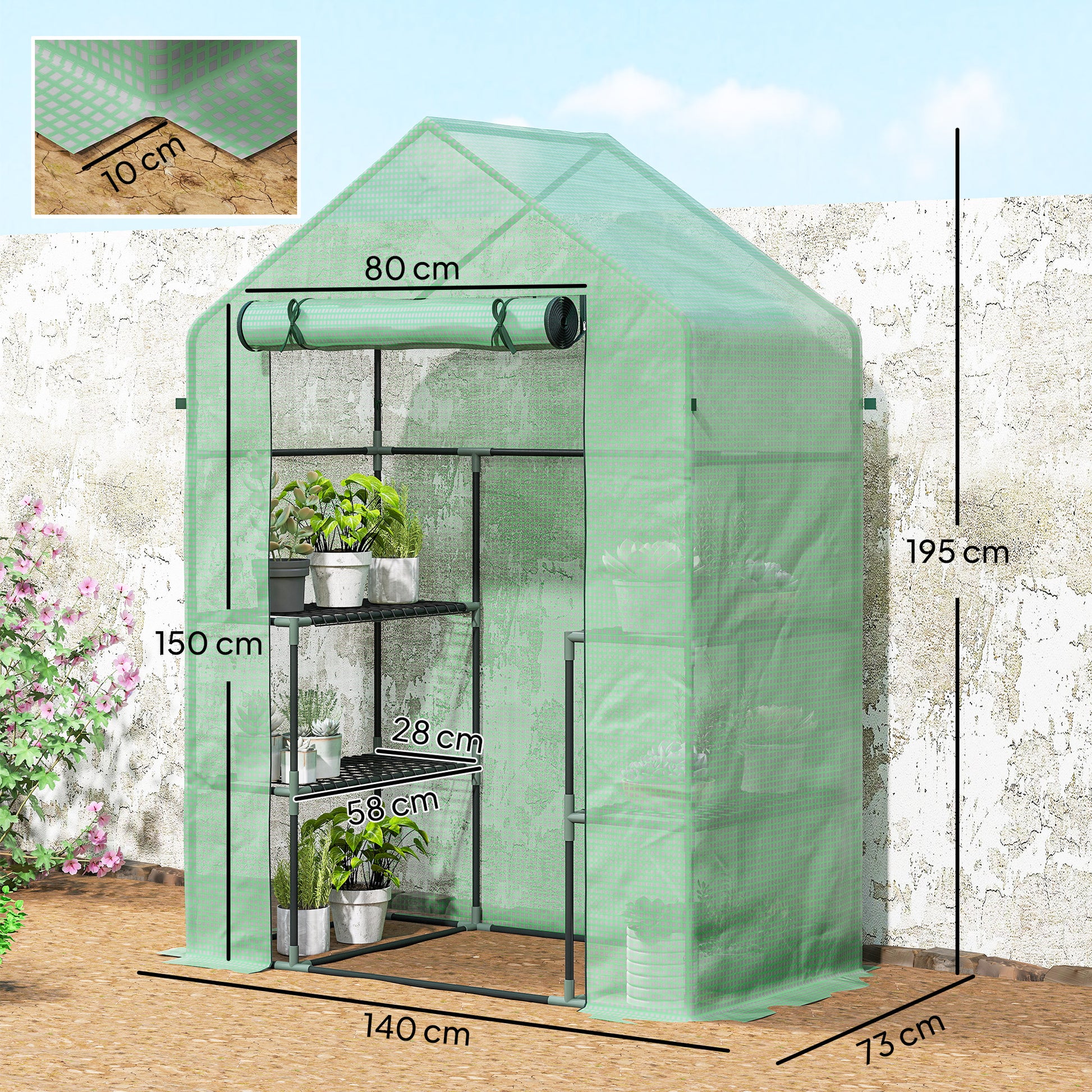 Serra da Giardino 142x73x195 cm con 2 Mensole a 3 Livelli e Ingresso a Zip in Acciaio e PE Verde