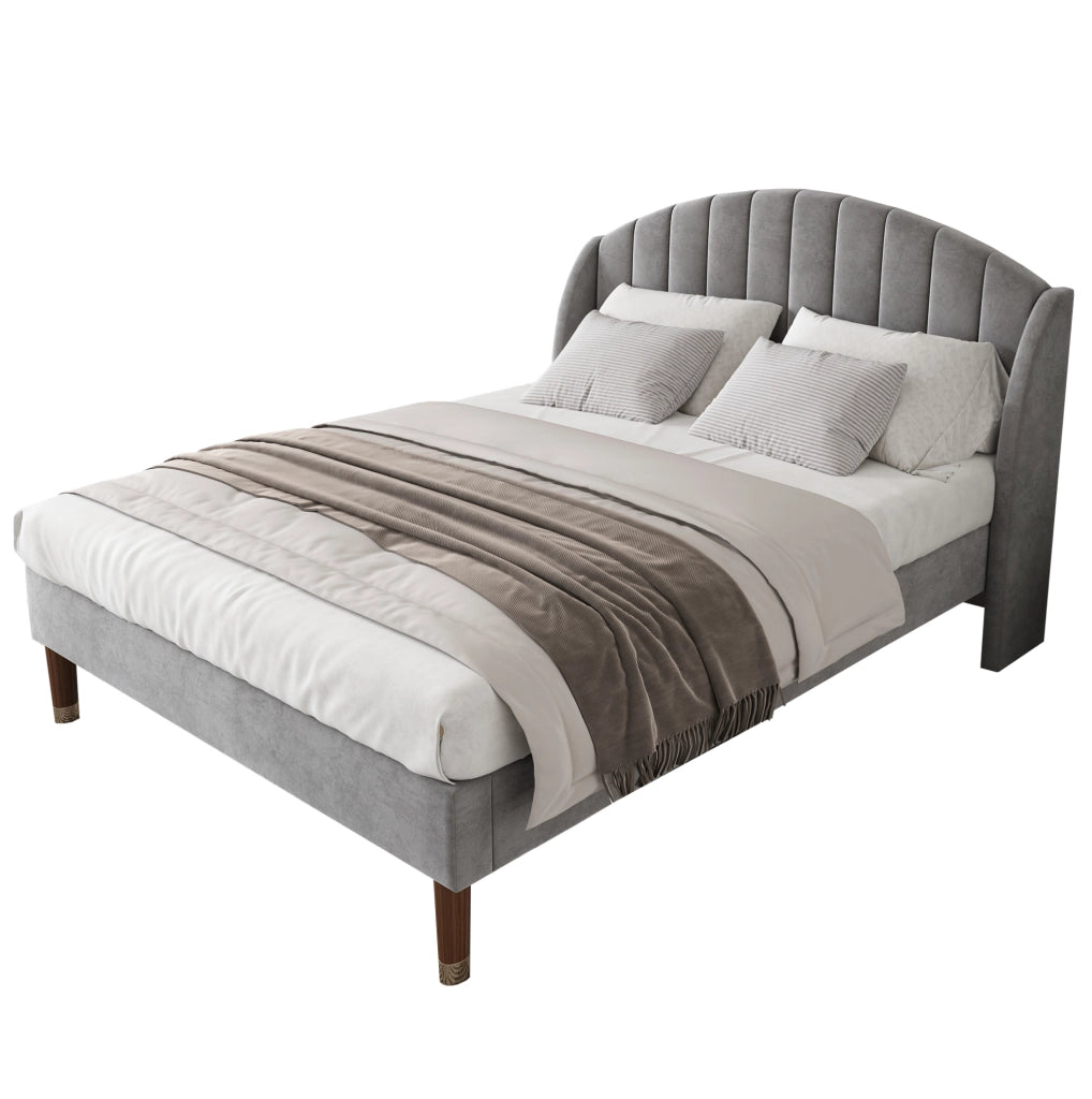 Letto imbottito matrimoniale 160x200 cm in velluto grigio con testiera e rete a doghe