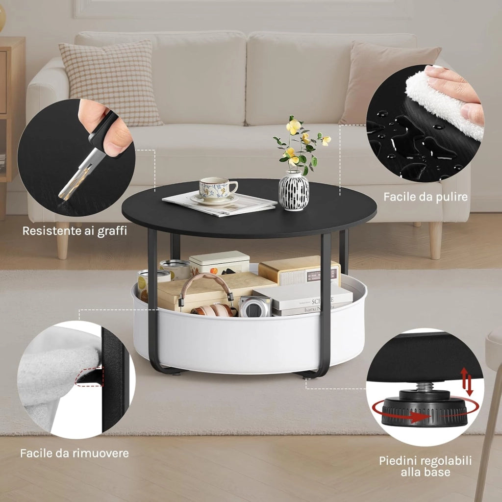 Tavolino da Salotto Rotondo Ø 80 cm con Cestino Portaoggetti in Tela e Struttura in Metallo, Tavolino da Caffè per Soggiorno, Stile Moderno, Nero+Grigio