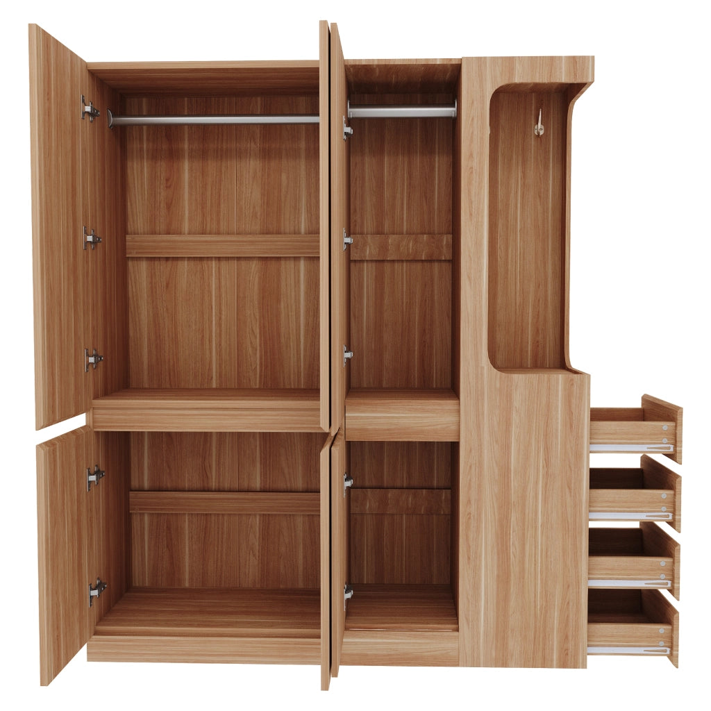 Armadio con 3 ante e 4 cassetti, area appendiabiti aperta e 3 vani contenitore, in legno, naturale 140 × 40 × 170 cm