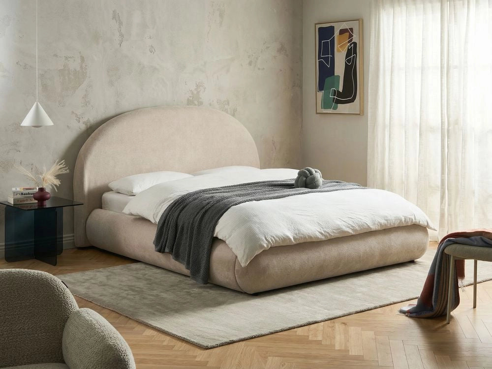 Letto in tessuto beige chiaro 160 x 200 cm con testiera imbottita rete sollevabile e vano contenitore