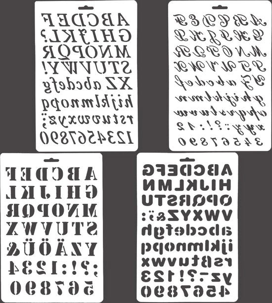Stencili per disegno - Diversi stili lettere - Alfabetto di disegno - Quantità e stencili per lettere - Album foto DIY Scrapbook