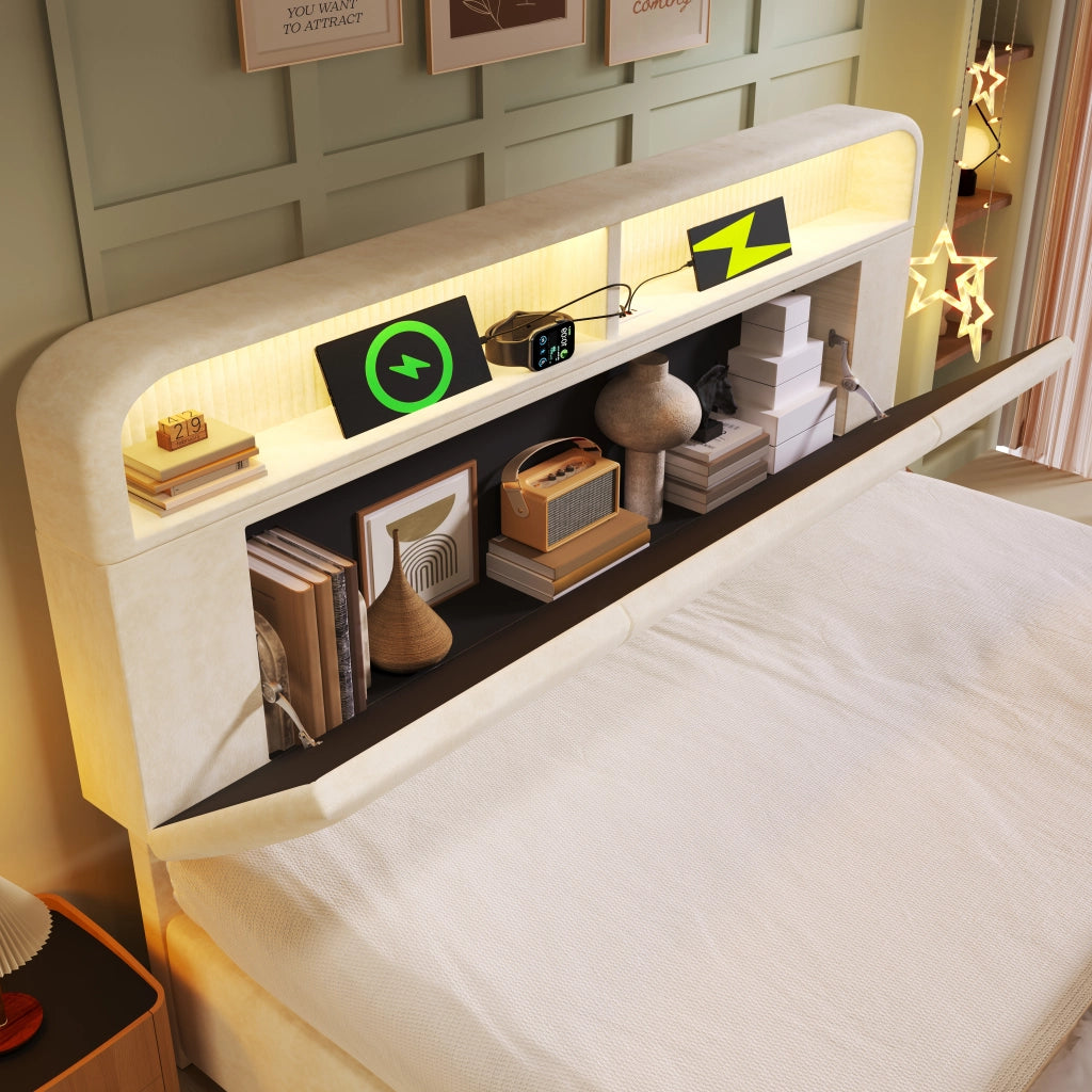 LETTO Matrimoniale 140x190 cm in velluto beige con testiera portaoggetti, LED e USB