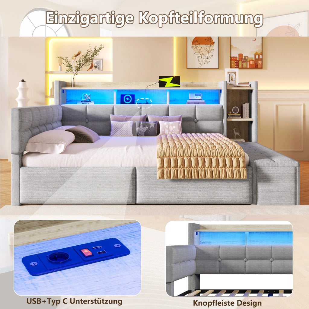 Divano letto 140 x 190 cm con contenitori e cassetti letto matrimoniale per camera in MDF e velluto grigio