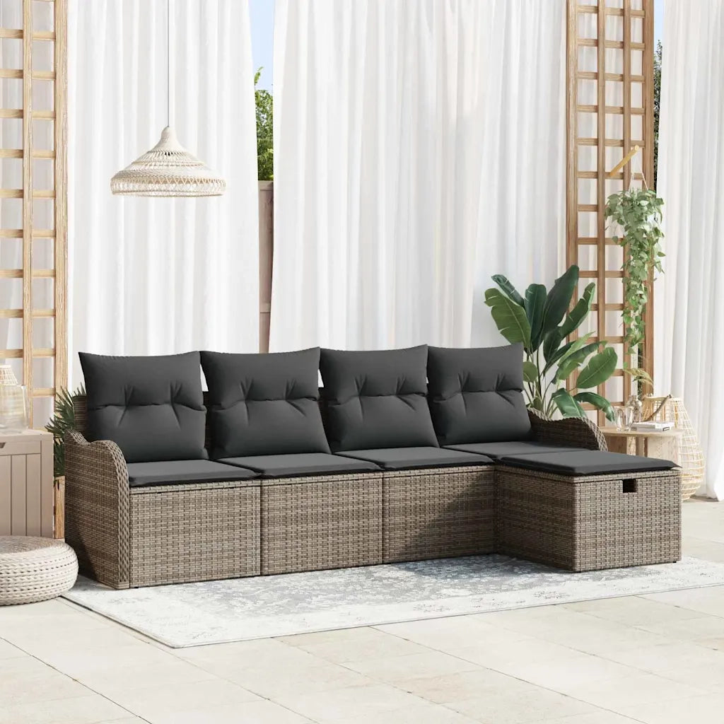 Set Divano da Giardino con cuscino 5 pcs Grigio Poly Rattan