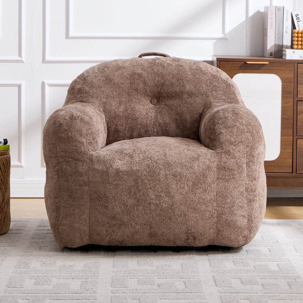 Pouf poltrona ergonomico con imbottitura in schiuma triturata e braccioli in pelliccia sintetica kaki