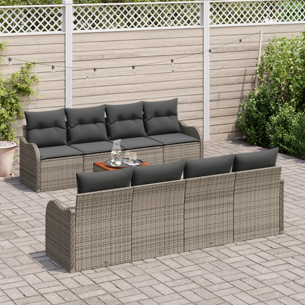Set divani giardino 9 pezzi con cuscini grigi in polirattan e acciaio