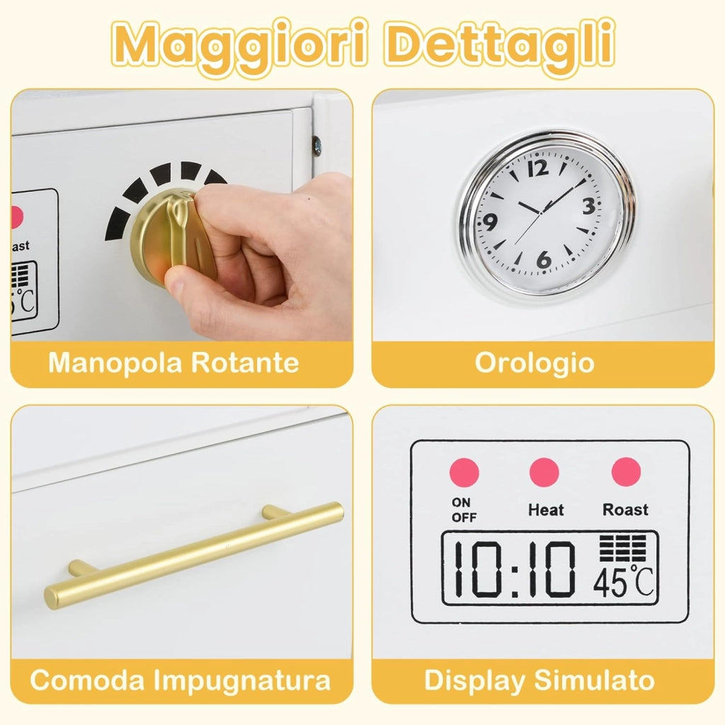 Cucina Giocattolo per Bambini, Cucina per Bambini in Legno con Frigorifero, Fornello, Lavandino, Macchina per il Ghiaccio, Orologio, Lavastoviglie e Accessori, per 3+ Anni