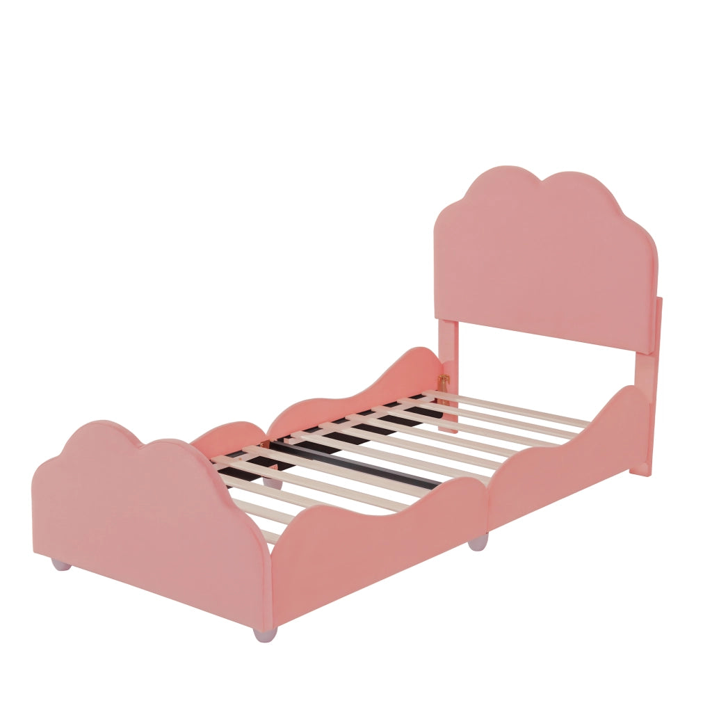 Letto per Bambini 90x200 cm; Letto Singolo con Sponda e Testiera Regolabile; in Velluto Rosa