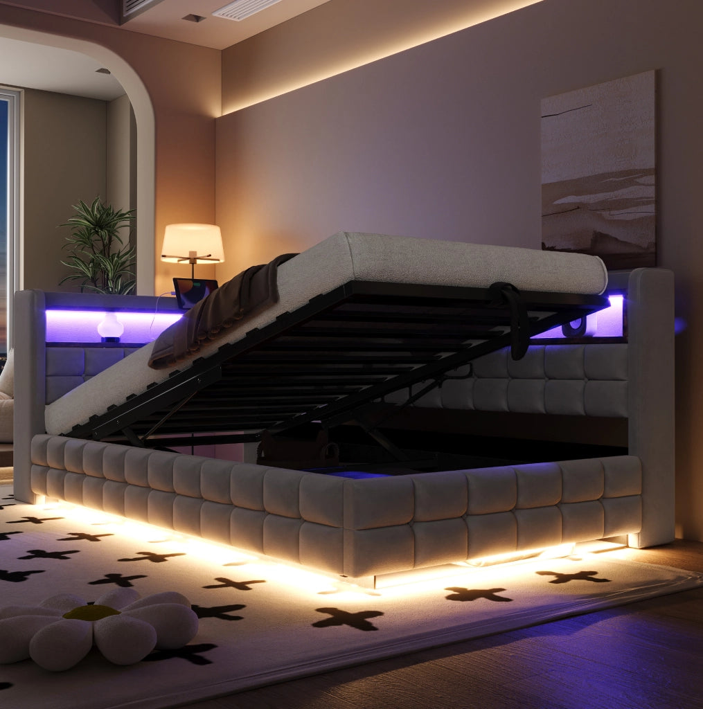 Letto imbottito multifunzionale 90x200 cm con vano contenitore, LED e prese integrate
