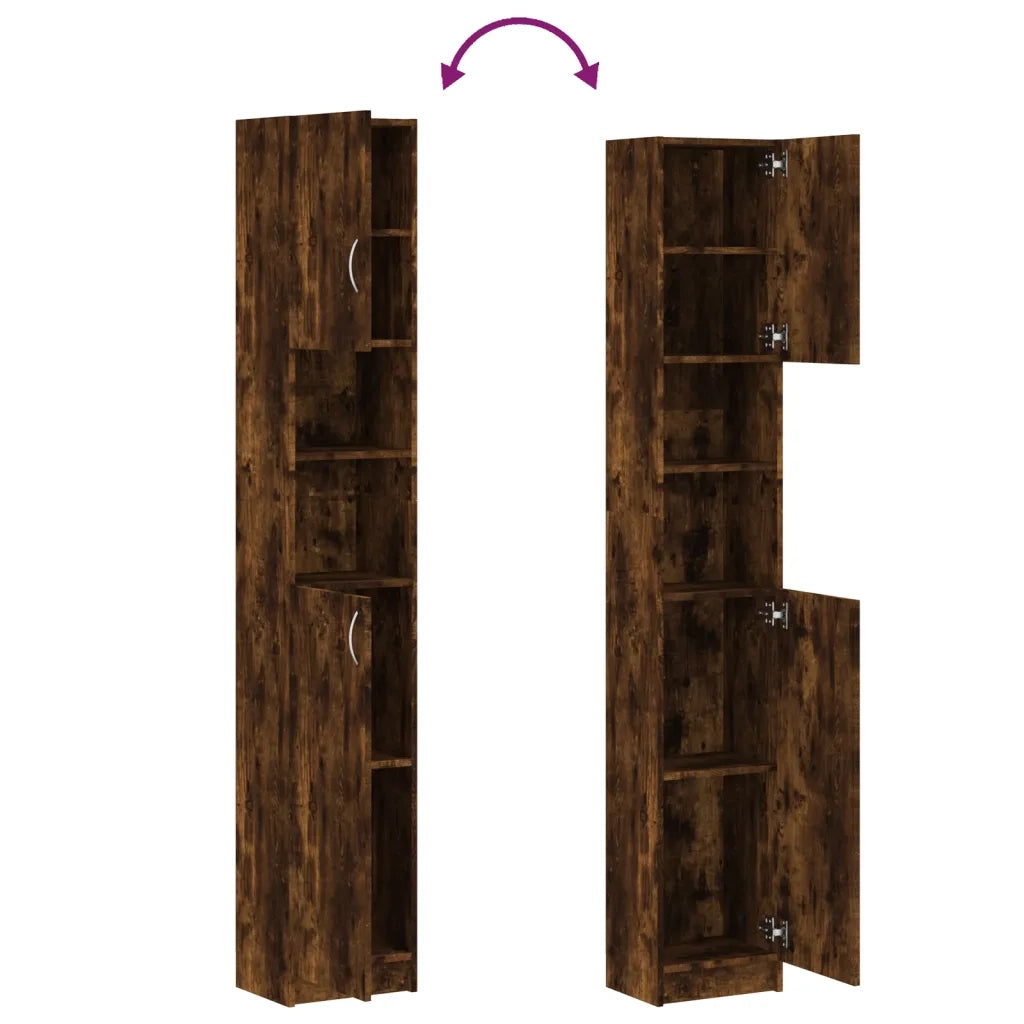 Mobiletto da bagno alto con vani contenitori flessibili 32 x 25,5 x 190 cm realizzato in legno composito finitura rovere affumicato 02_0048183