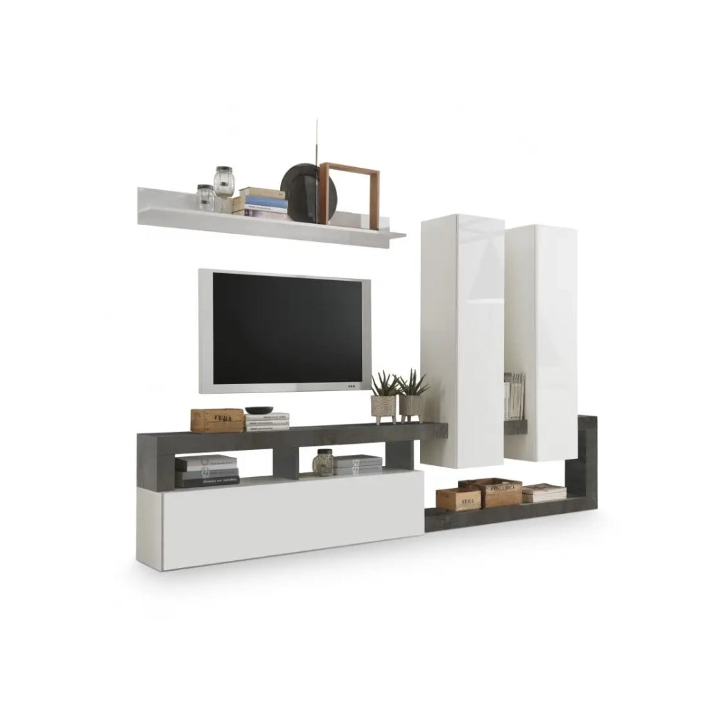 Set di mobili da salotto con ripostigli, collezione BURA, bianco lucido/grigio antracite