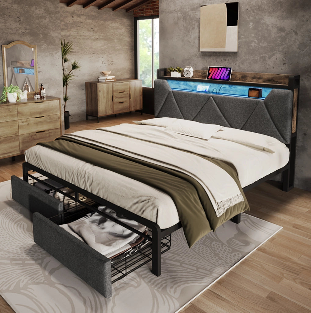 Letto 160x200 cm con LED; USB e Type-C; testiera contenitore; 2 cassetti; lino; grigio
