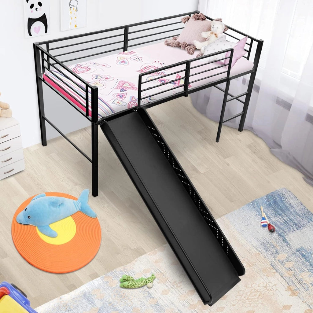 Letto a Soppalco per Bambini con Scivolo E Protezione Anticaduta e Scaletta, Struttura Letto in Metallo 96x198x109cm, Letto a Castello con Rete a Doghe, Fino a 150 kg (Nero)