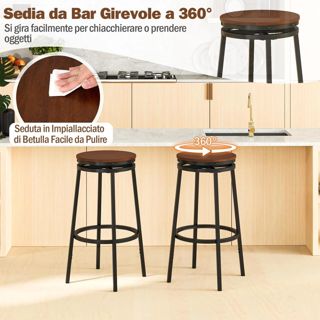 Set di 2 Sgabelli Girevoli e Regolabili in Altezza, Sgabelli da Bar in Metallo e MDF con Poggiapiedi, Mobile per Isola della Cucina, Sala da Pranzo e Salotto, Marrone e Nero