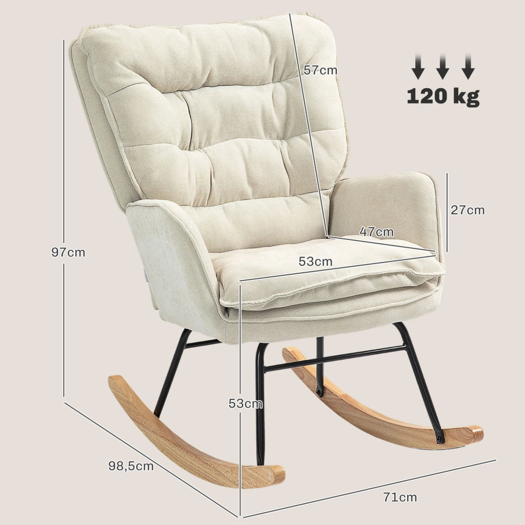 Poltrona a dondolo in tessuto chenille con braccioli, seduta ampia e schienale ergonomico beige 71 × 98,5 × 97 cm