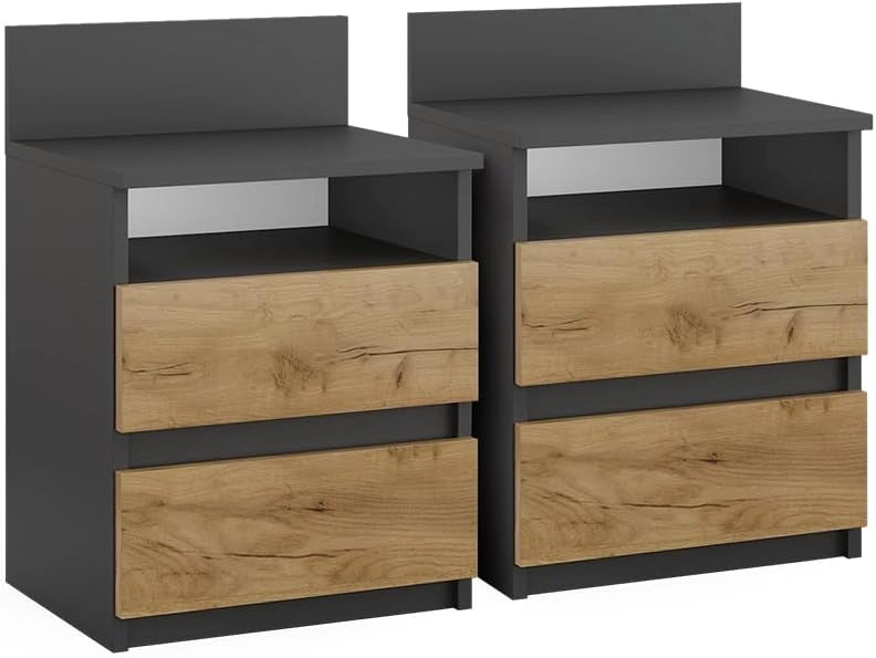 Comodino camera da letto Monty, Antracite/quercia dorata, Set di 2, per riporre oggetti di uso quotidiano in camera da letto