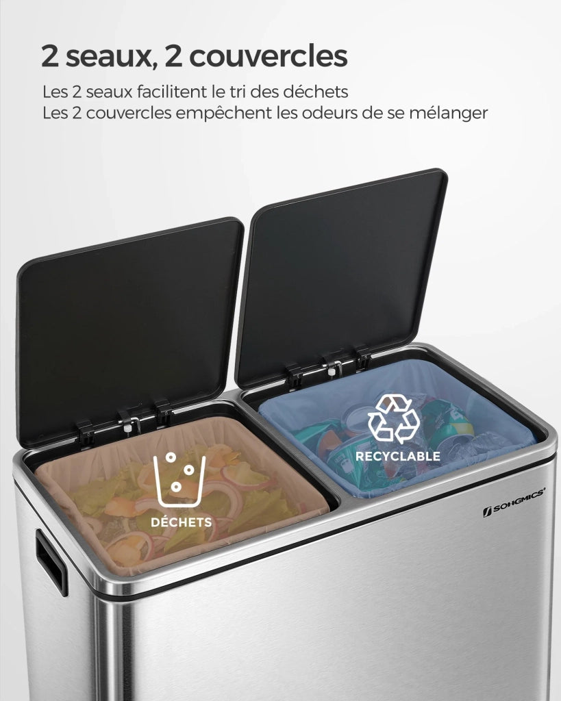 Pattumiera a 2 pedali con doppio scomparto 2 x 30 litri acciaio inox anti-impronta secchio interno in plastica con manico grigio 12_0007156