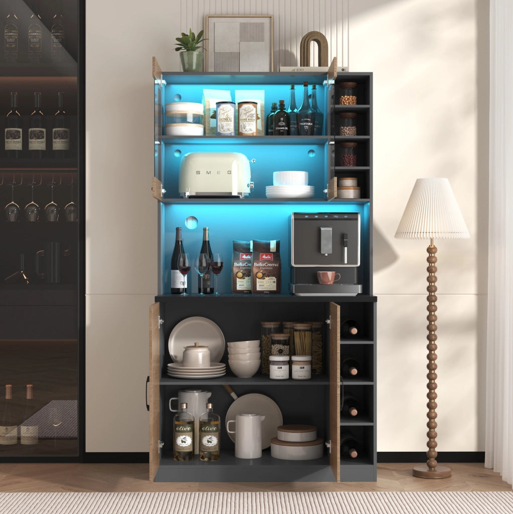 Credenza cucina 100x47x187 cm con LED e ripiani regolabili in MDF e vetro naturale e grigio