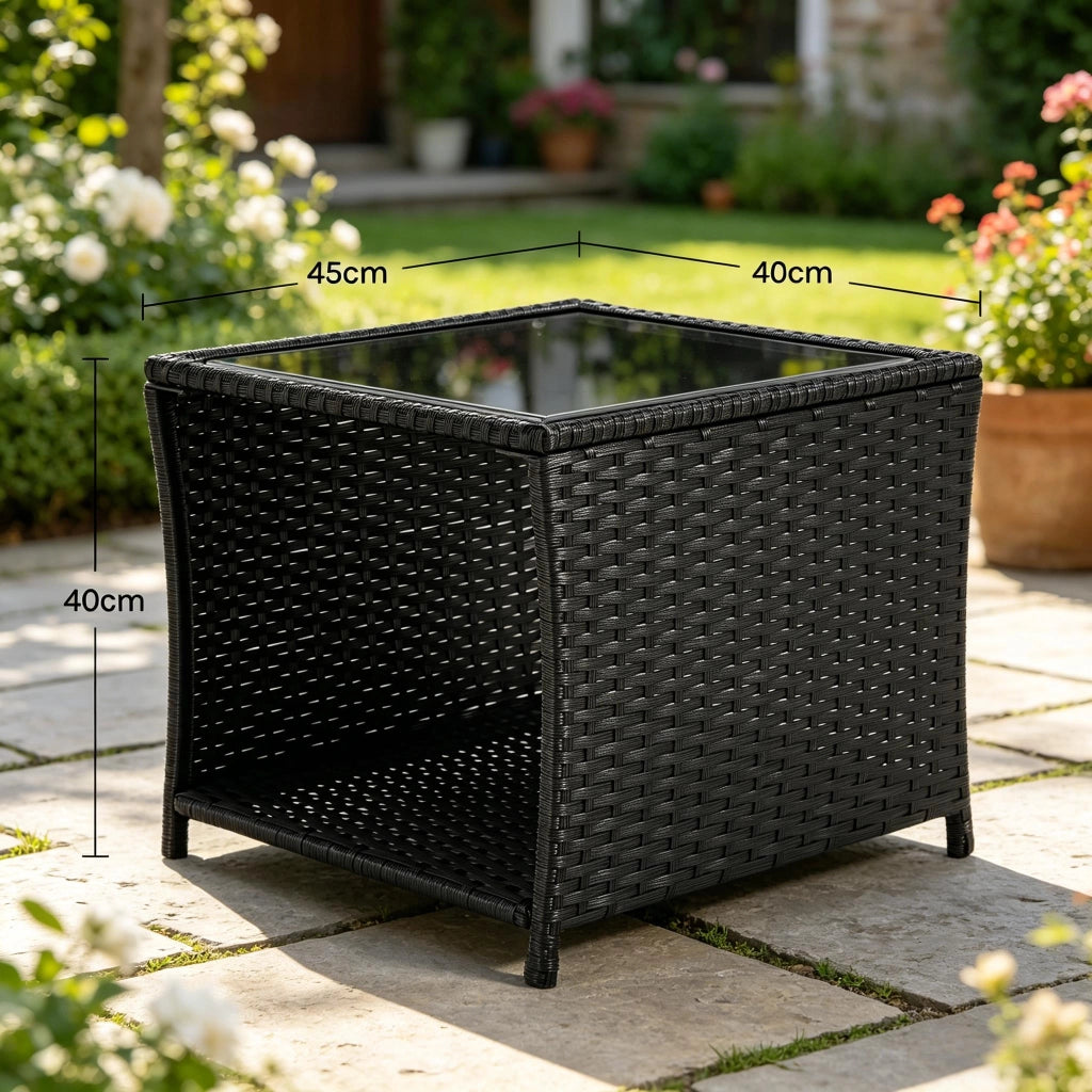 Tavolino da giardino in polyrattan con vano aperto e piano in vetro per balcone e terrazza; nero 45×45×40 cm