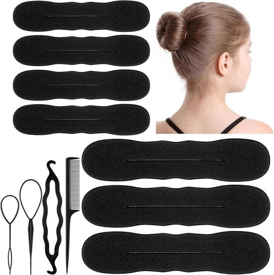 Kit per fare chignon 11 pezzi Spugna morbida inclusa 3 Grandi 4 Piccoli Dischi per chignon 3 Pezzi Strumenti per torsione e Donut flessibile per chignon per donne e ragazze Nero