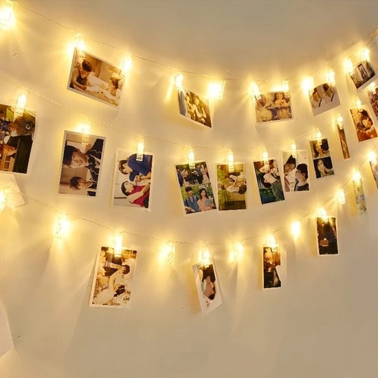 Slinga di luce a 10 LED, effetto fiabesco con illuminazione calda, per appendere foto e immagini, funziona con batterie, ideale come regalo, decorazioni per matrimonio, Halloween (batteria inclusa), con alloggiatore per 3 batterie.