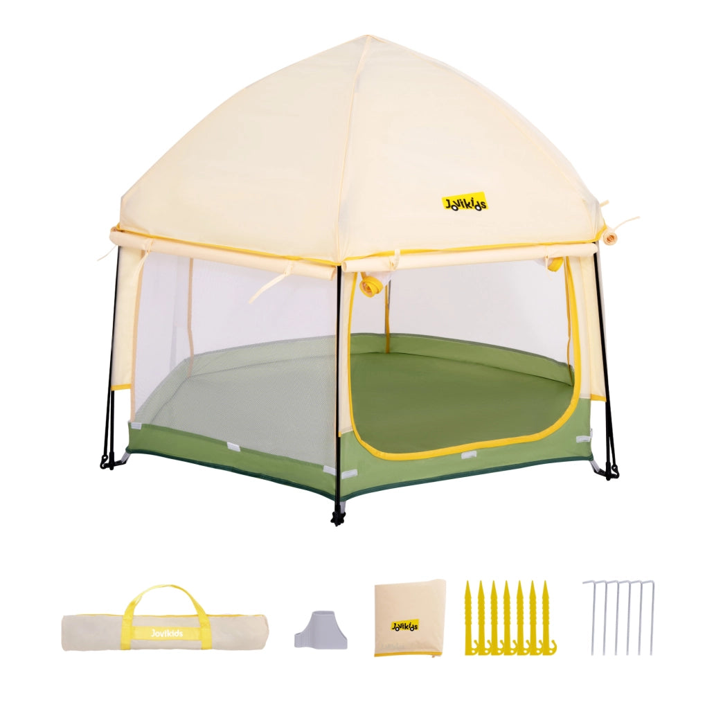 Box bambini pieghevole pop-up 150x150x105 cm con tettuccio parasole e borsa; verde e giallo