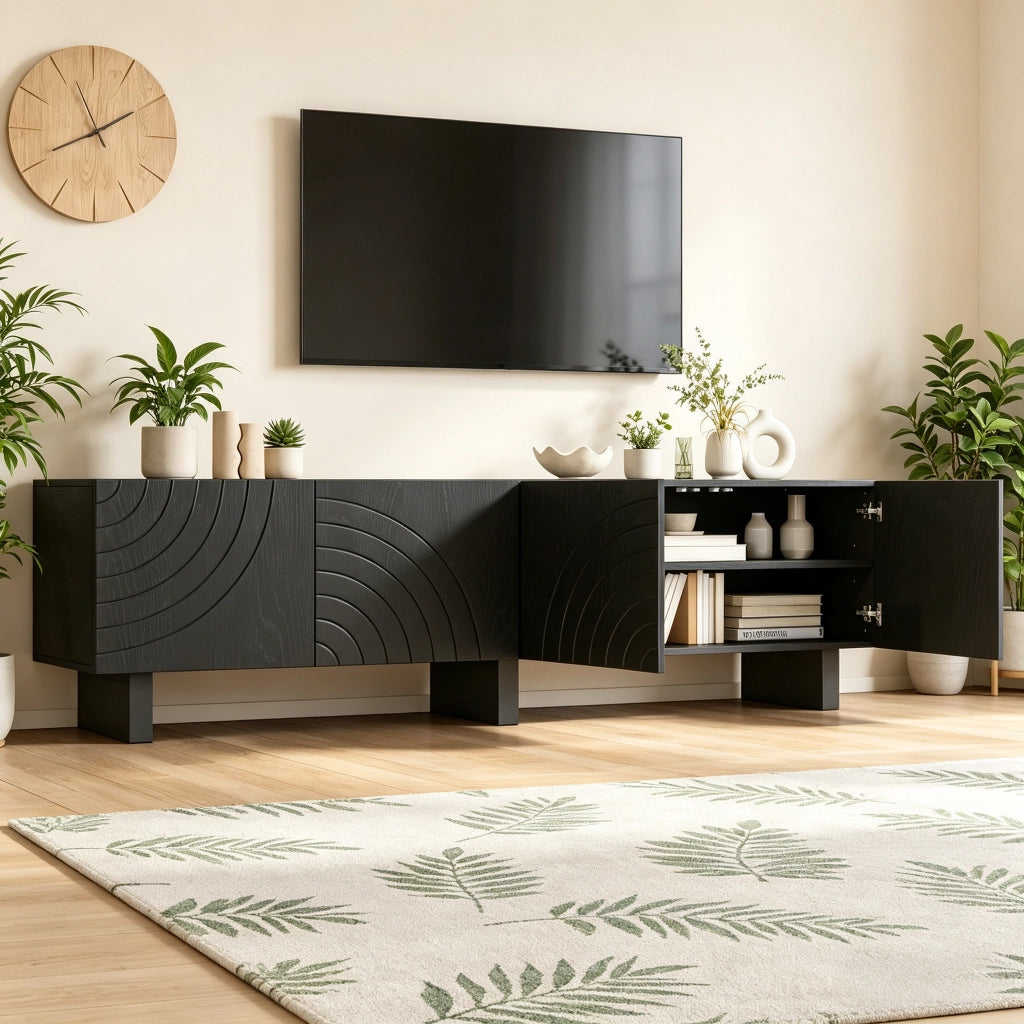 Mobile TV con 4 ante; per soggiorno; in pannello truciolare; 180×40×55 cm; nero