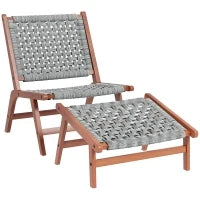 Poltrona da Giardino con Poggiapiedi, Sedia Relax in Legno di Acacia e Corda Rattan Sintetico, Naturale e Grigio
