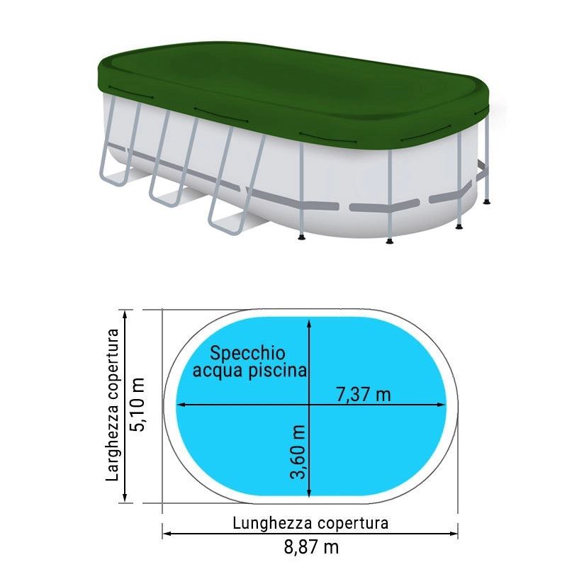 Copertura Sagomata 8,87 X 5,10 M Invernale 240 Gr/m² Con Occhielli E Corda Elastica Per Piscine Ovali 7,37 X 3,60 M