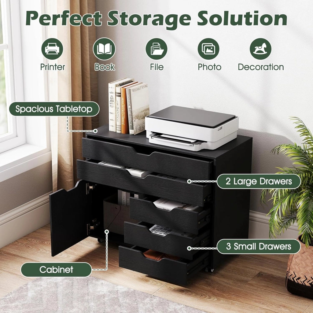 Cassettiera con 5 cassetti e 1 armadietto, armadietto mobile a 5 ruote, cassetto sotto scrivania, 77,5 x 40 x 64 cm (nero)