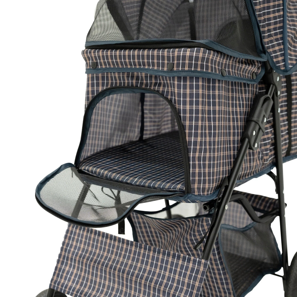 Passeggino Animali Pieghevole Blu Tartan Cane Gatto Tettuccio Antipioggia
