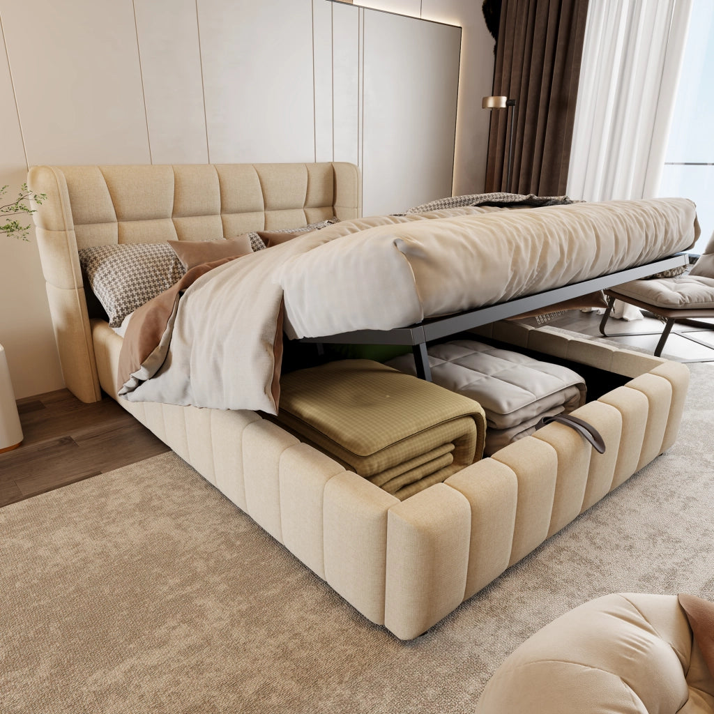 Letto contenitore 140 × 200 cm con vano sollevabile, senza materasso, in tessuto, beige