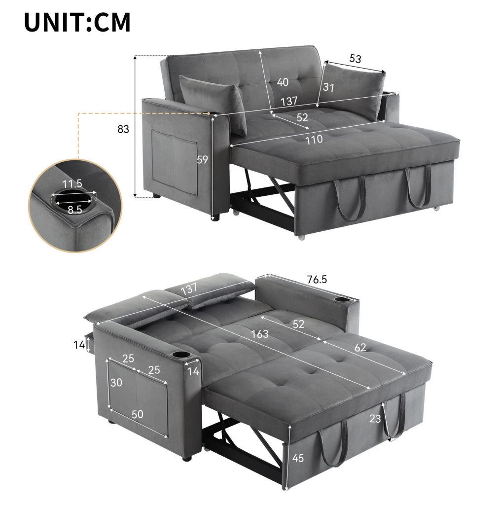 Divano letto 137x76.5x83 cm 3 in 1 con schienale a 3 posizioni in velluto grigio
