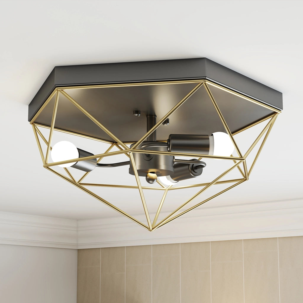 Lampada da Soffitto Stile Industriale Geometrica con 3 Attacchi E27 per Lampadine LED, Nero e Oro