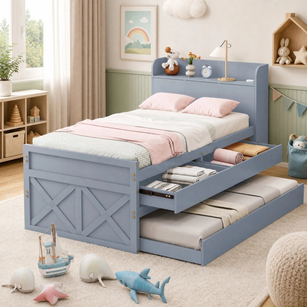 DESMIU Letto Estraibile 90 × 190 cm 1 Posto con 2 Cassetti, Vano Contenitore e USB, Senza Materasso, Legno Massello, Grigio