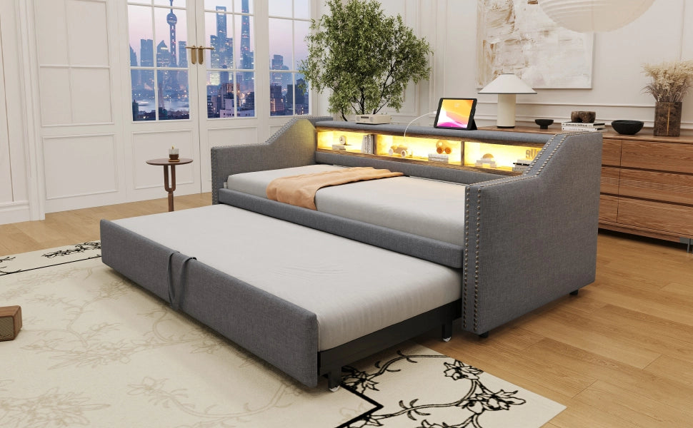 DESMIU Letto estraibile 90/180 × 190 cm 2 posti con LED, USB e ripiani, senza materasso, in lino grigio scuro